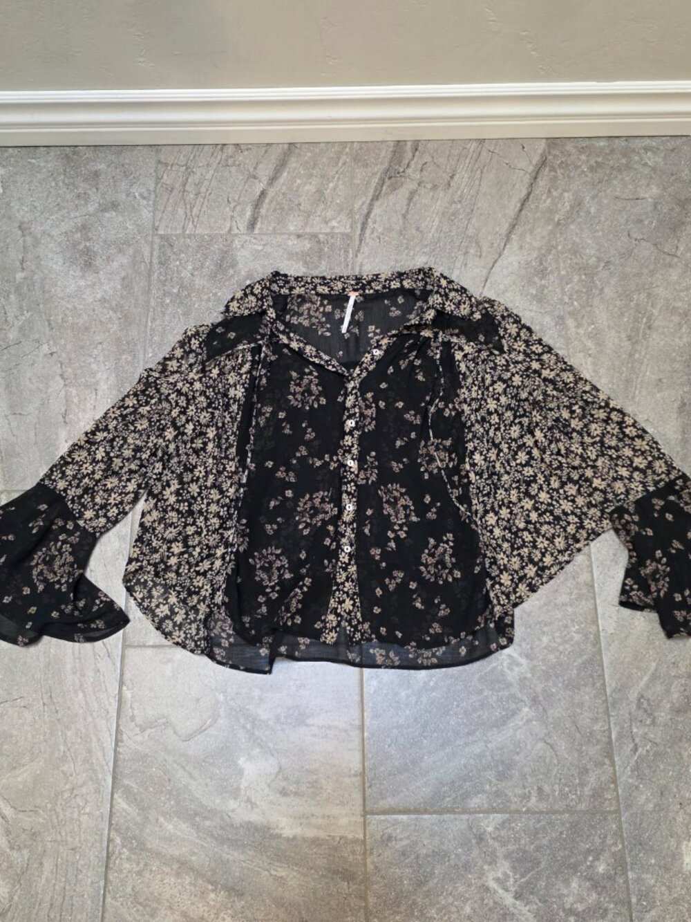 Free People Serena Sheer Floral Button Front Bell Sleeve Boho XS